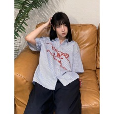 批发美式<b class='q'>短袖</b><b class='q'>衬衫</b>女夏季新款兔子印花条纹<b class='q'>衬衣</b>外套设计感小众情侣上衣