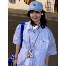 批发日韩系复古蓝白格子纹廓形<b class='q'>短袖</b><b class='q'>衬衫</b>外套百搭<b class='q'>男</b>女