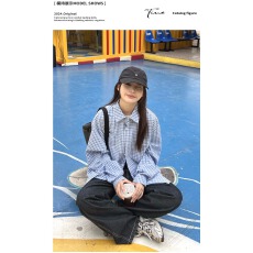 批发夏日韩版格子蓝色衬衫女宽松<b class='q'>男</b>友风衬衣宽松显瘦防晒开衫垂感外套