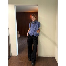 批发逃离光复南皇家蓝色格纹抽绳<b class='q'>短袖</b><b class='q'>衬衫</b><b class='q'>男</b>女短款miu系上衣