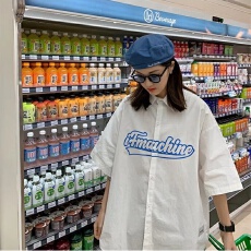 批发日系开衫贴标印花<b class='q'>短袖</b><b class='q'>衬衫</b><b class='q'>男</b>女夏季宽松休闲半袖<b class='q'>衬衣</b>垂感翻领bf风