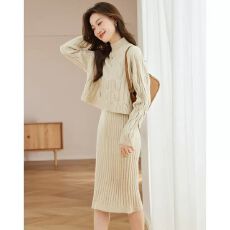 批发肌理感针织套装女<b class='q'>秋</b>冬2025新款知性优雅气质短款毛衣包臀裙两件套