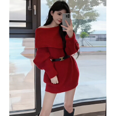 批发韩国气质名媛高级感<b class='q'>露肩</b>针织毛衣<b class='q'>连衣裙</b>秋冬小个子心机百搭打底裙