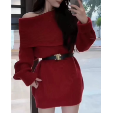 批发<b class='q'>韩国</b>御姐风高级感命年红色新年战袍连衣裙女秋露肩打底收腰毛衣裙