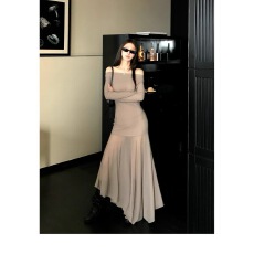 批发Skk Store jennie同款Lem*风弹力微透不规则修身长袖连衣裙女秋夏