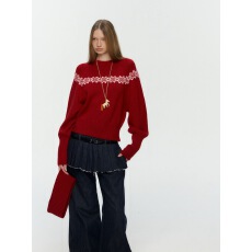 批发10AMsotiiiiired费尔岛30%羊毛可拆卸脖套高领宽松提花红色毛衣