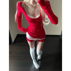 批发Rase le sol‘Christmas Set2.0’绞花毛衣<b class='q'>蕾丝</b>吊带针织<b class='q'>短裤</b>套装