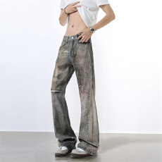 批发<b class='q'>夏</b>季cleanfit破坏风3D数码印废土色微喇裤男美式高街黄泥染牛仔裤