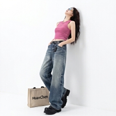 美式复古休闲褶皱猫须宽松牛仔裤女潮牌vibe阔腿直筒垂感长裤子潮