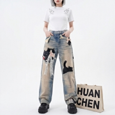 批发<b class='q'>春</b>夏黑猫玩偶蝴蝶结趣味3D数码打印牛仔裤男女直筒宽松阔腿街头风
