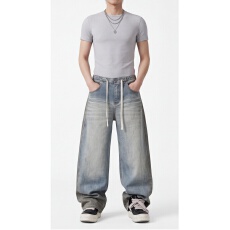春秋季激光印花痞帅复古做旧牛仔裤男直筒宽松通勤百搭阔腿弯刀裤