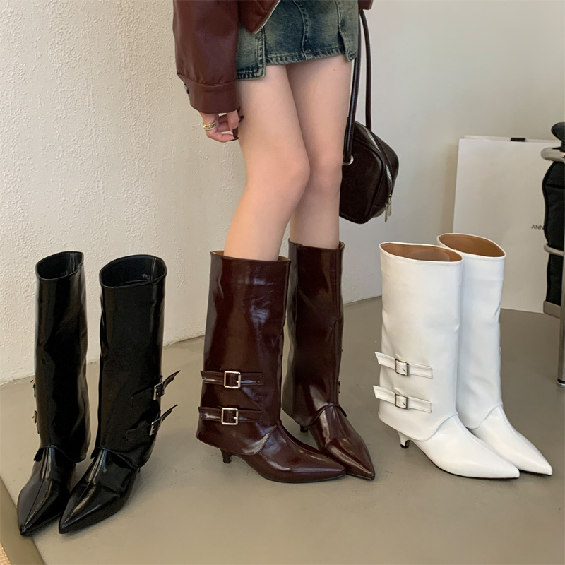 X-33588# 尖头细跟裤管靴女设计感皮带扣高筒骑士靴不过膝纯色百搭长靴 女鞋批发靴子货源鞋子批发