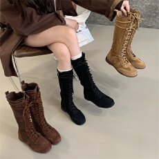 批发米庭前系带<b class='q'>休闲</b>长筒靴圆头百搭内增高舒适马丁靴侧拉链酷帅拳击靴