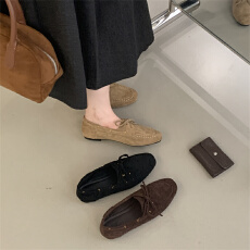 批发米庭复古风棕色平底乐福鞋秋冬<b class='q'>英伦</b>磨砂蝴蝶结豆豆鞋一脚蹬勃肯鞋