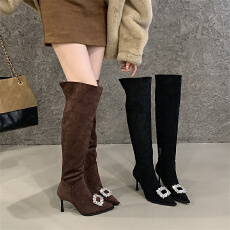 批发米庭高筒靴气质尖头水钻方扣过膝长靴女可多穿高跟美式瘦瘦长筒靴