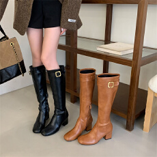 批发米庭复古皮带扣侧拉链粗跟长筒靴秋冬新款瘦瘦长靴高跟不过膝长靴
