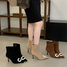 批发米庭尖头高跟短靴女秋<b class='q'>冬</b>水钻方扣侧拉链时装靴时尚百搭黑色短筒靴