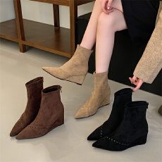 批发米庭坡跟短筒靴秋<b class='q'>冬</b>新款尖头拼接瘦瘦靴2025复古后拉链百搭时装靴