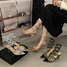 批发米庭高级感水钻树叶高跟凉鞋夏季新款蛇形缠绕<b class='q'>性感</b>露趾一字带凉鞋