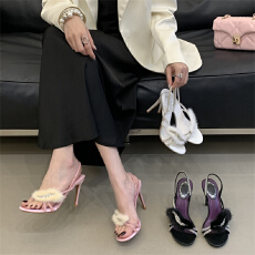 米庭轻奢白色水貂毛高跟凉鞋夏季新款水钻性感露趾一字带气质凉鞋