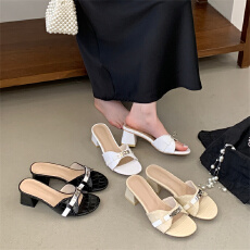 米庭金属扣高跟拖鞋夏季新款性感露趾一字粗跟凉拖鞋时尚百搭凉鞋
