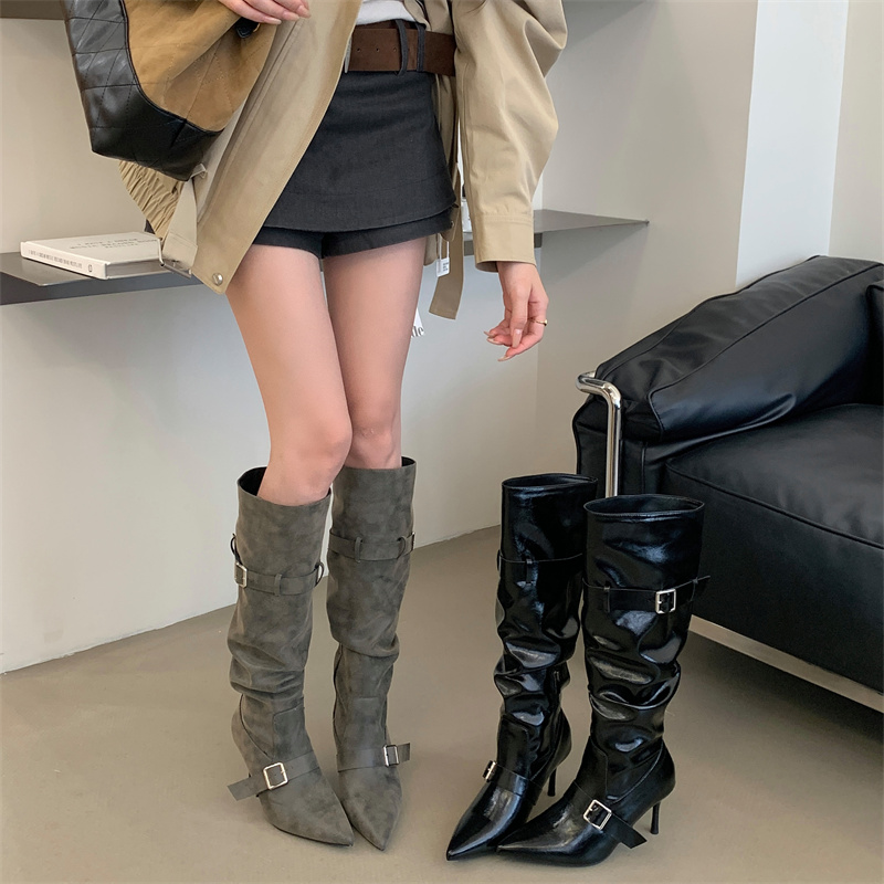 X-33614# 高筒靴秋冬新款皮带扣尖头皱褶堆堆长靴高跟时装靴显瘦长筒靴 女鞋批发靴子货源鞋子批发