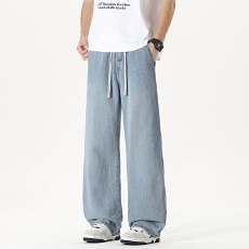 批发浅蓝色<b class='q'>牛仔裤</b>男青少年直筒宽松阔腿夏季薄款2026新款<b class='q'>男生</b>拖地裤子