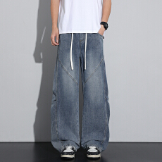 批发美式复古水洗做旧<b class='q'>牛仔裤</b>男夏季新款高腰宽松显瘦百搭潮流直筒裤子