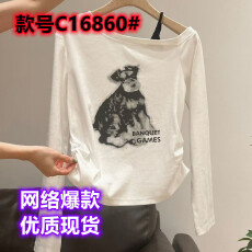 批发辣妹斜肩露肩小狗白色长袖T恤2025早秋设计感褶皱收腰显瘦上衣ins