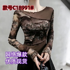 批发新中式国风印花网纱水墨画打底衫女<b class='q'>长</b>袖薄纱<b class='q'>t</b><b class='q'>恤</b>舞蹈纱衣上衣