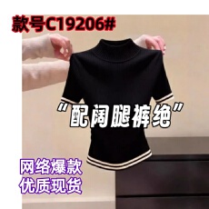 批发半高领短袖针织<b class='q'>打底衫</b>女春夏季内搭修身t恤黑色<b class='q'>条纹</b>上衣
