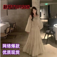 批发千金大小姐法式波点<b class='q'>雪纺</b>一字肩长裙收腰显瘦精致拍照出片穿搭