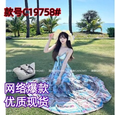 批发波西米亚风v领吊带连衣裙女夏季度假裙宽松长裙气质高腰大摆裙子
