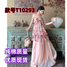 批发旅游度假绝美法式碎花蛋糕连衣裙雪纺长裙吊带气质显瘦