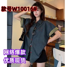 批发韩系复古撞色字母刺绣<b class='q'>牛仔</b><b class='q'>衬衫女</b>2026年夏季慵懒休闲短袖上衣外套