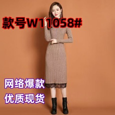 批发<b class='q'>春秋</b>针织显瘦<b class='q'>连衣裙</b>女时尚百搭打底毛衣裙长款过膝拼接蕾丝裙