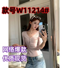 批发【米兰竹节】粉色V领中袖T恤女早秋新款设计感修身短款短袖小上衣