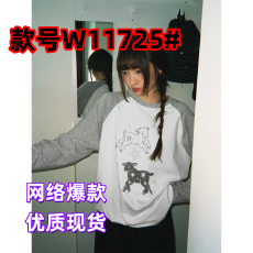 批发【人棉】拼色插肩圆领长袖T恤女早秋<b class='q'>日系</b>小众小羊印花内搭上衣