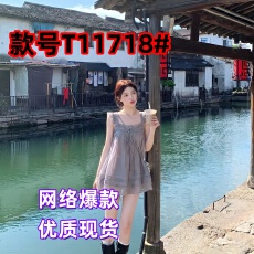 批发清新甜美浅灰色吊带飞飞袖超短娃娃裙连衣裙 显瘦气质