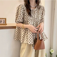 批发2026新款泡泡袖<b class='q'>波点</b>A字棉麻<b class='q'>衬衫</b>欧洲站女装洋气小衫潮