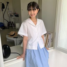 批发学院<b class='q'>甜美</b>风海军领百搭短袖宽松夏季衬衫设计感纯色衬衣女