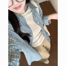 批发2026新款蓝色格子衬衫女新款春秋慵懒风休闲宽松衬衣外套上衣