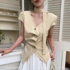 批发小众设计挂脖衬衣小衫女<b class='q'>夏</b>季V领短袖飘带修身显瘦