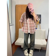批发美式复古撞色格子短袖衬衫女<b class='q'>夏</b>季宽松情侣百搭衬衣女