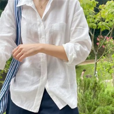 批发法式棉麻防晒白色衬衫女<b class='q'>长袖</b>薄款宽松外搭韩版衬衣天丝亚麻上衣夏