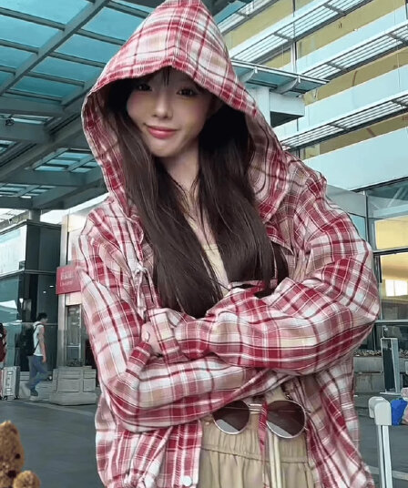 캐주얼 체크무늬 면 린넨 셔츠 얇은 여성 코트 2025 봄 가을 새로운 패션 다용도 후드 쇼트 스타일 아마 셔츠