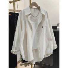 批发竖条纹樱桃刺绣纯棉衬衫女春夏新款防晒外套休闲宽松百搭<b class='q'>开衫</b>上衣