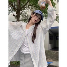 批发法式气质条纹衬衫女2026年夏季薄款宽松叠穿休闲百搭防晒<b class='q'>长袖</b>衬衣