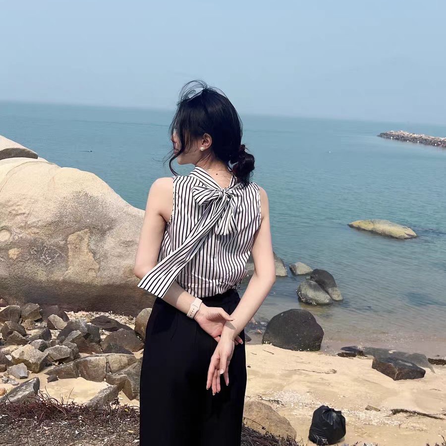프랑스식 흑백 줄무늬 지불 와인딩 주위 리본 여성 셔츠 여름 작은 샤넬 스타일 행침 목 민소매 맨위 디자인 센스 미니멀리즘