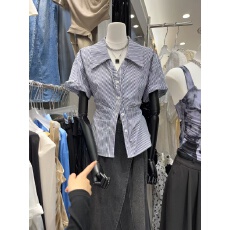 批发韩国东大门2026<b class='q'>夏</b>季新款翻领条纹修身收腰抽褶单排扣短袖衬衫上衣